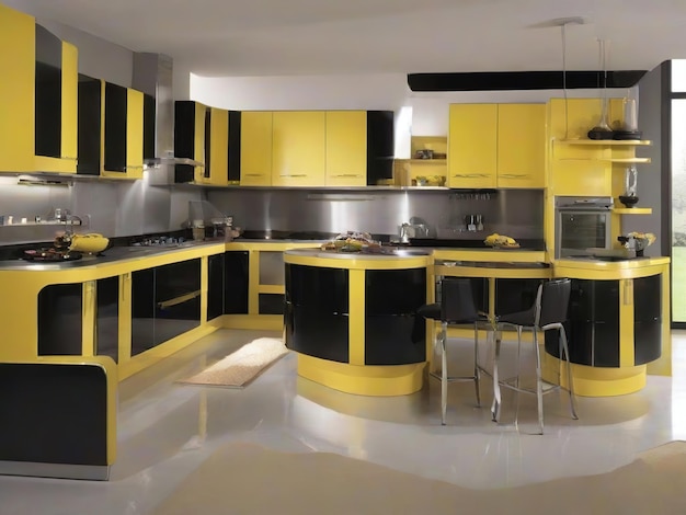 realistic photo of modern kitchen yellow color window view