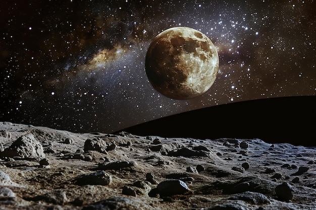 Realistic photo of the moon and stars in space with a distant planet