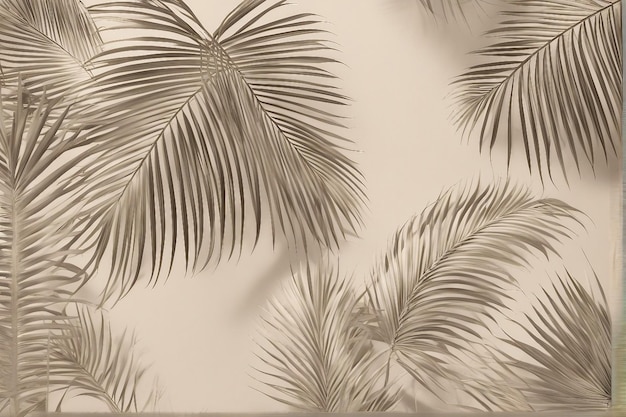 Photo realistic photo of palm leaves shadow on a beige with smooth skin color background with plants