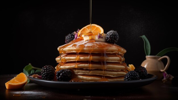 Realistic photo pancakes with fruits food restaurant plate black background