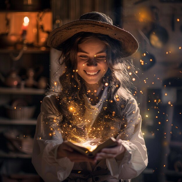 Photo realistic photo of a playful magician casting spells of happiness