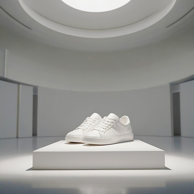 Photo realistic photo of a podium in the foreground on it stands a pair of white sneakers