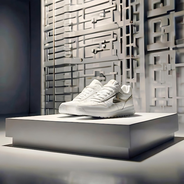 Photo realistic photo of a podium in the foreground on it stands a pair of white sneakers