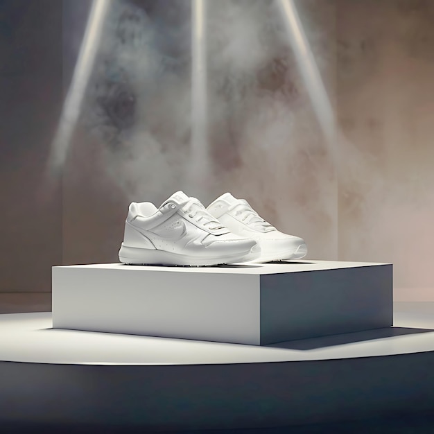 Photo realistic photo of a podium in the foreground on it stands a pair of white sneakers