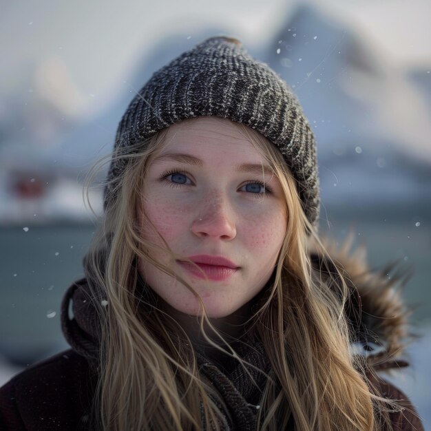 Photo realistic photo portrait of a scandinavian girl against the backdrop of lofoten