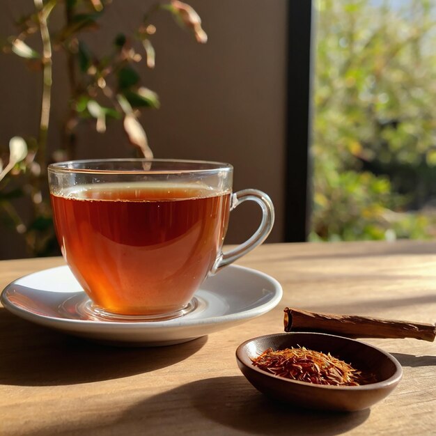 A realistic photo of rooibos and a cup of tea aesthetically pleasing natural light cherry and almonds in the background