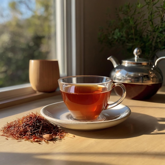 A realistic photo of rooibos and a cup of tea aesthetically pleasing natural light cherry and almonds in the background