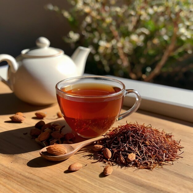 A realistic photo of rooibos and a cup of tea aesthetically pleasing natural light cherry and almonds in the background