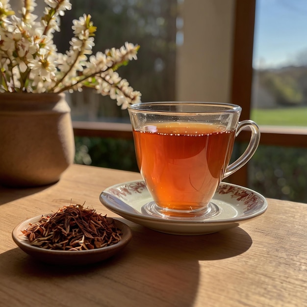 A realistic photo of rooibos and a cup of tea aesthetically pleasing natural light cherry and almonds in the background