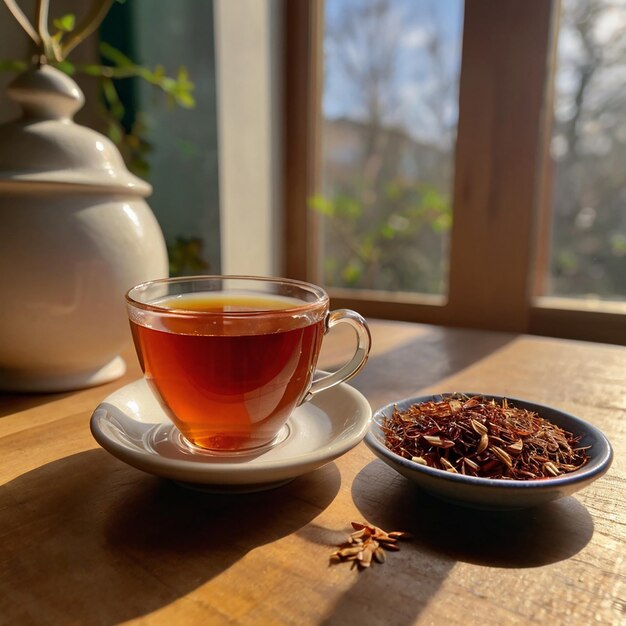 A realistic photo of rooibos and a cup of tea aesthetically pleasing natural light cherry and almonds in the background