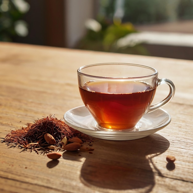 A realistic photo of rooibos and a cup of tea aesthetically pleasing natural light cherry and almonds in the background