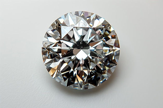 Realistic photo of round cut diamond white background top view