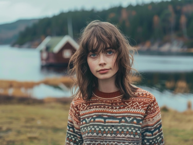 Realistic photo of Scandinavian girl in sweater against backdrop of Scandinavian nature and a lake