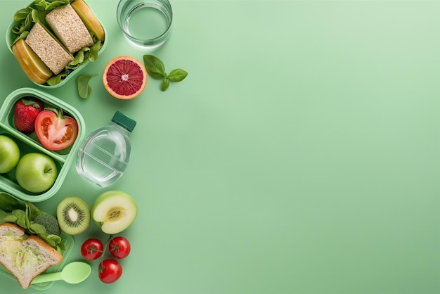 Photo realistic photo school snack fruits vegetables bottle of water on light green background