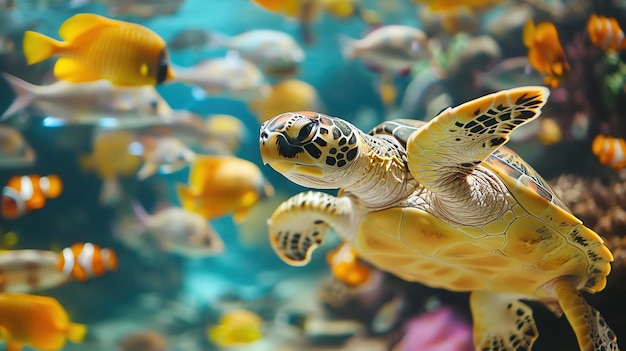 A realistic photo of a sea turtle in the midst of a school of colorful fish