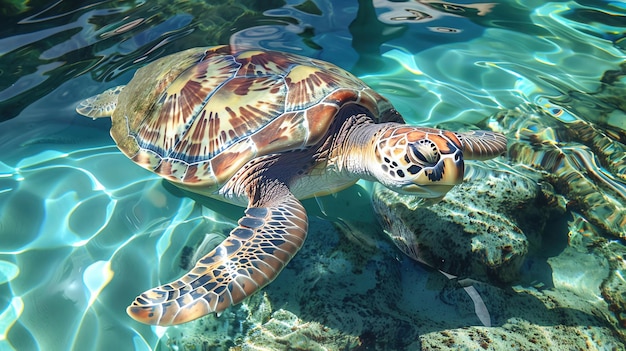 A realistic photo of a sea turtle swimming gracefully in crystal clear ocean waters