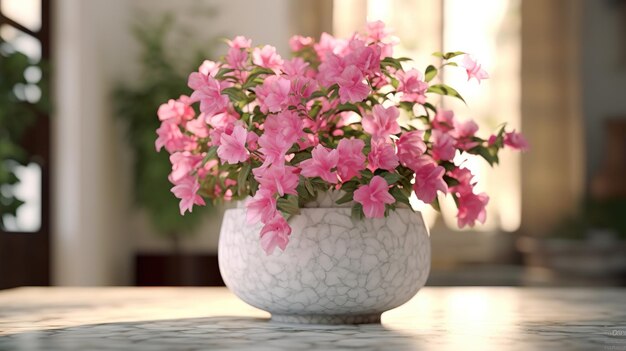 Realistic photo of a Tropical flower plant in a marble vase with natural light condition