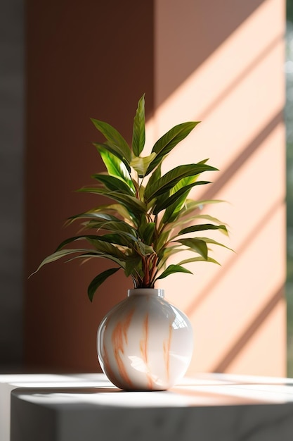 Realistic photo of a Tropical plant in a marble vase with natural light condition