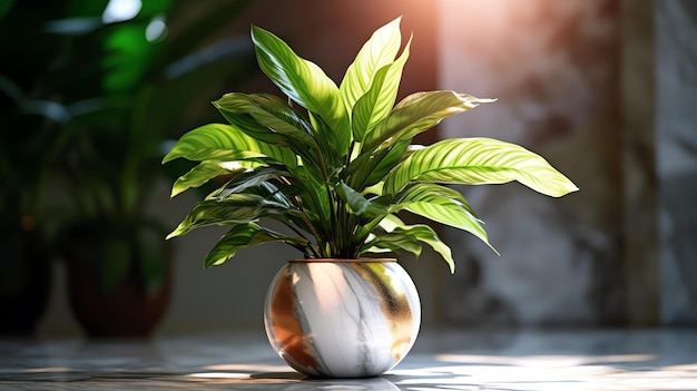 Realistic photo of a Tropical plant in a marble vase with natural light condition