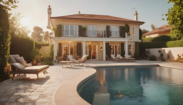 Realistic photo of a villa with pool and garden