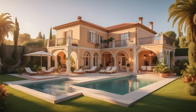 Realistic photo of a villa with pool and garden