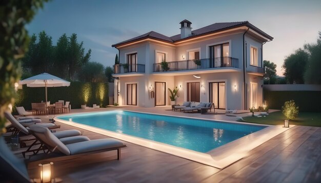 Realistic photo of a villa with pool and garden