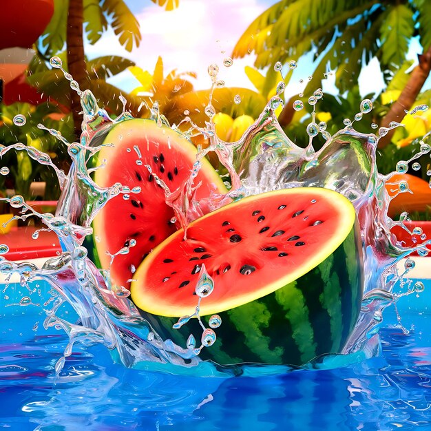 The realistic photo of a watermelon in a splash of water generated by AI