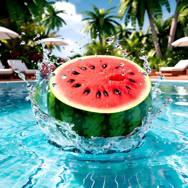 The realistic photo of a watermelon in a splash of water generated by AI