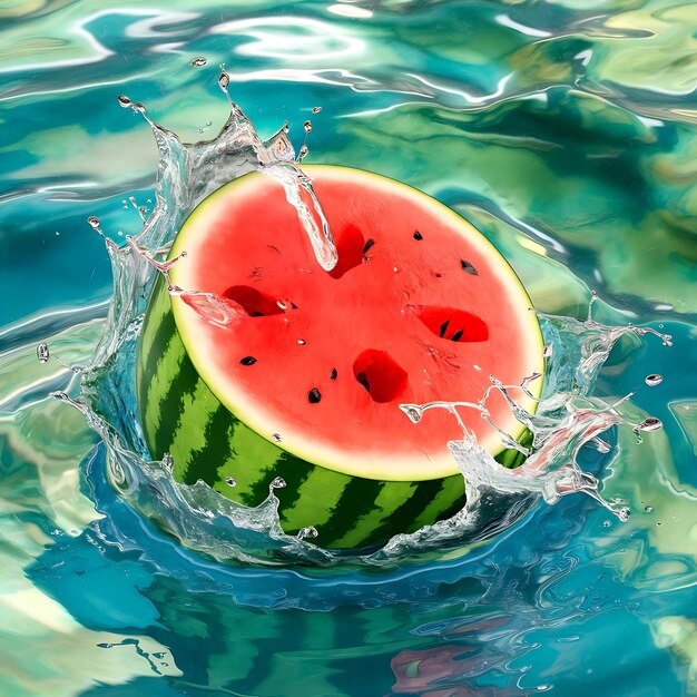 The realistic photo of a watermelon in a splash of water generated by AI