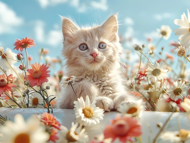 Photo a realistic photo of a white norwegian forest kitten perched on a white car surrounded by a park