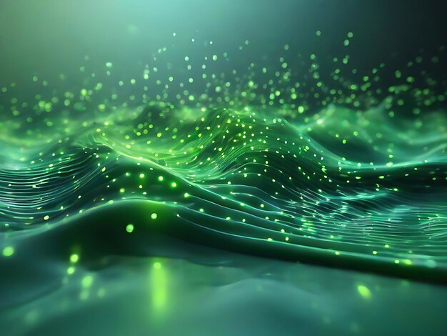 Realistic photo with a 3D of Modern abstract Technology glowing green color dots wave background