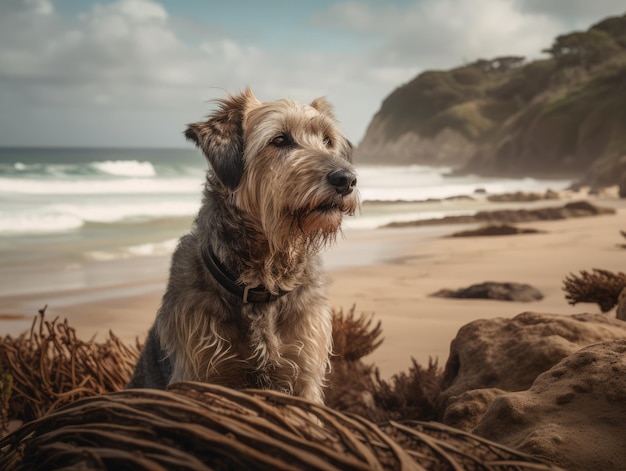 Realistic photograph of a beautiful dog on the beach generative ai