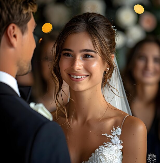 a realistic photograph of a bride and a groom exchanging vows in their wedding