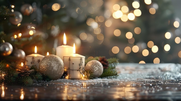 Realistic photograph of a Christmas scene with candles Christmas balls and pine branches warm