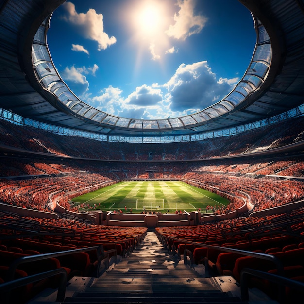 realistic photograph of a modern soccer stadium illuminated