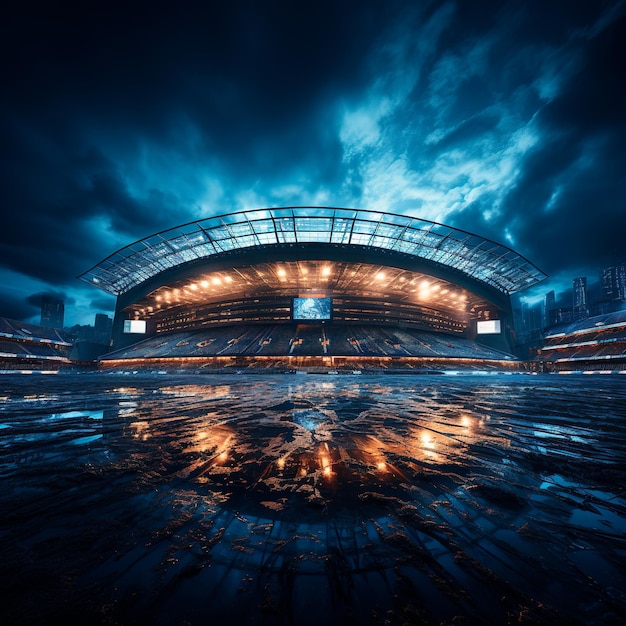 realistic photograph of a modern soccer stadium illuminated