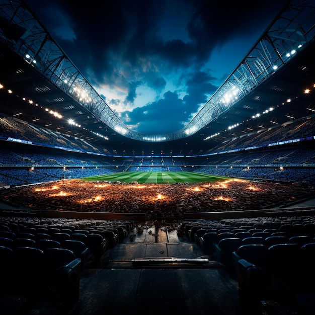 realistic photograph of a modern soccer stadium illuminated