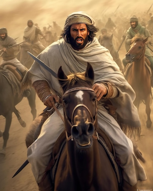 Realistic Photograph sharp focus of arabian man on top of the horse