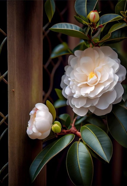 Realistic photography of blooming camellia flowers generative ai