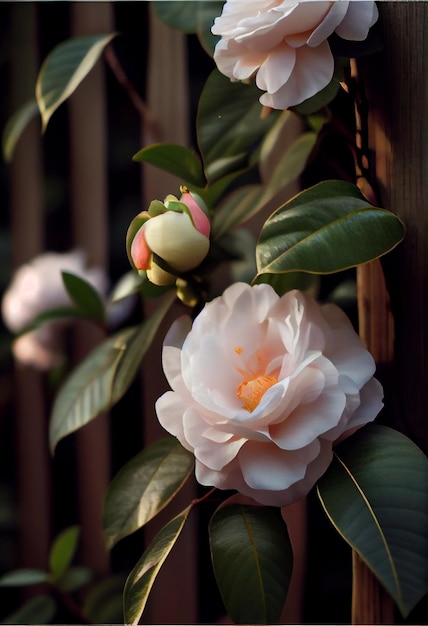 Realistic photography of blooming camellia flowers generative ai