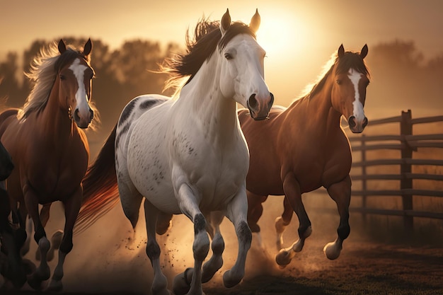 Realistic photography of a group of black horse running over a field Generative Ai