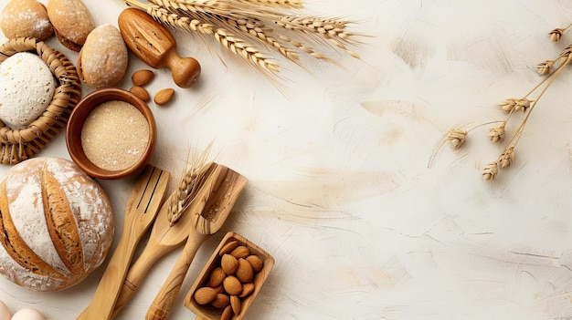 Realistic photography top view of a clean surface which has traditional bakery items