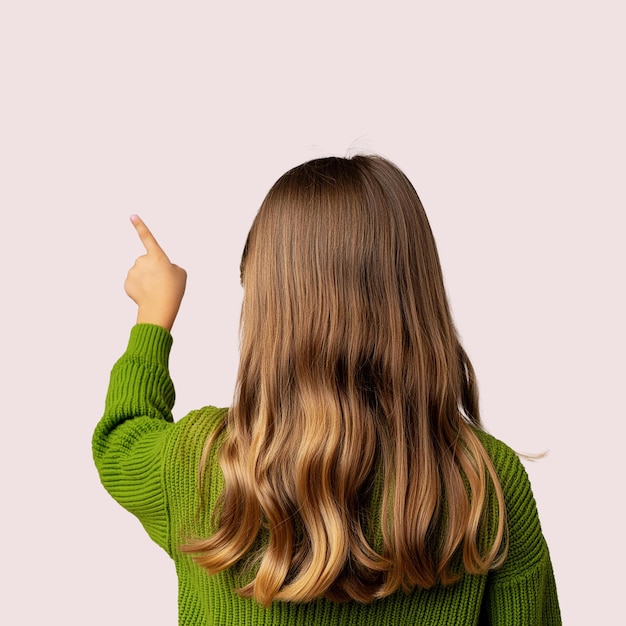 Photo realistic picture from behind of a girl pointing with her hand to the right