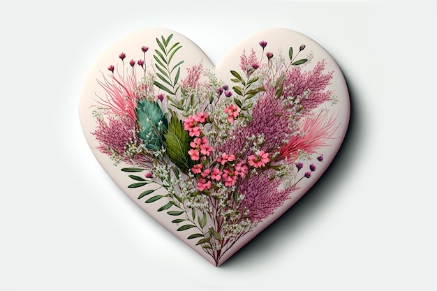 Realistic pink heart with wildflowers for valentines day isolated on light Generative AI