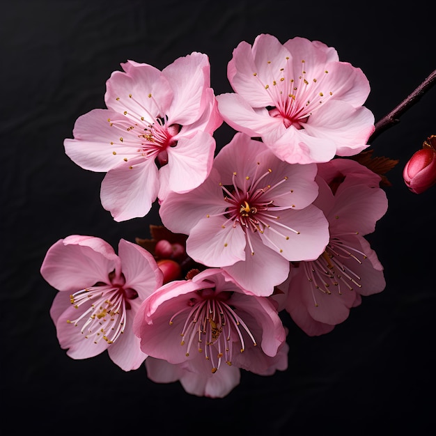 Realistic Pink Plum Blossom Petals One Leaf Black Background