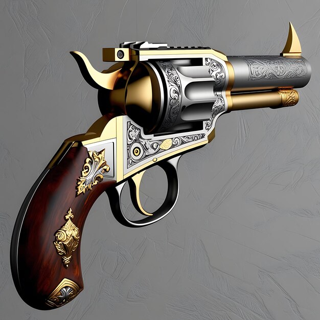 Photo a realistic pistol that has a gold design black background