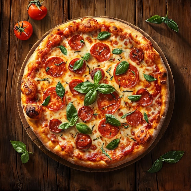 Realistic Pizza with wooden background