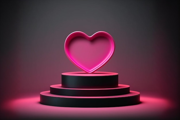 realistic podium platform with pink neon heart in abstract stage for product placement and display