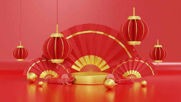 realistic podium with chinese new year decoration