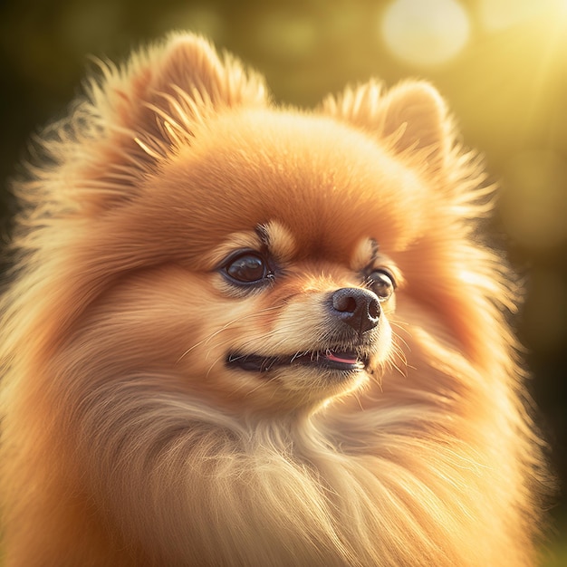 Realistic pomeranian dog on ravishing natural outdoor background